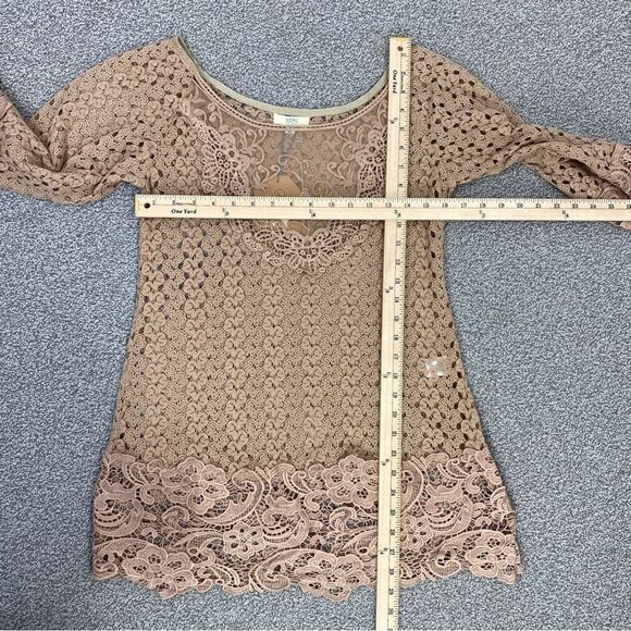 Kori Boho Cottagecore Crochet‎ Lace Hems Bell Sleeve Tunic Top Mocha Tan Small - Picture 13 of 14